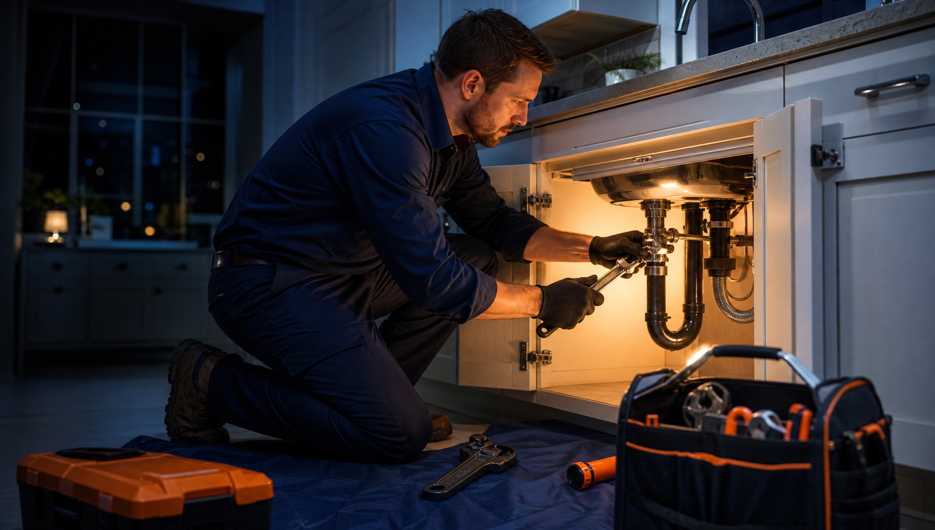 Licensed plumber repairing a drain line under a residential kitchen sink