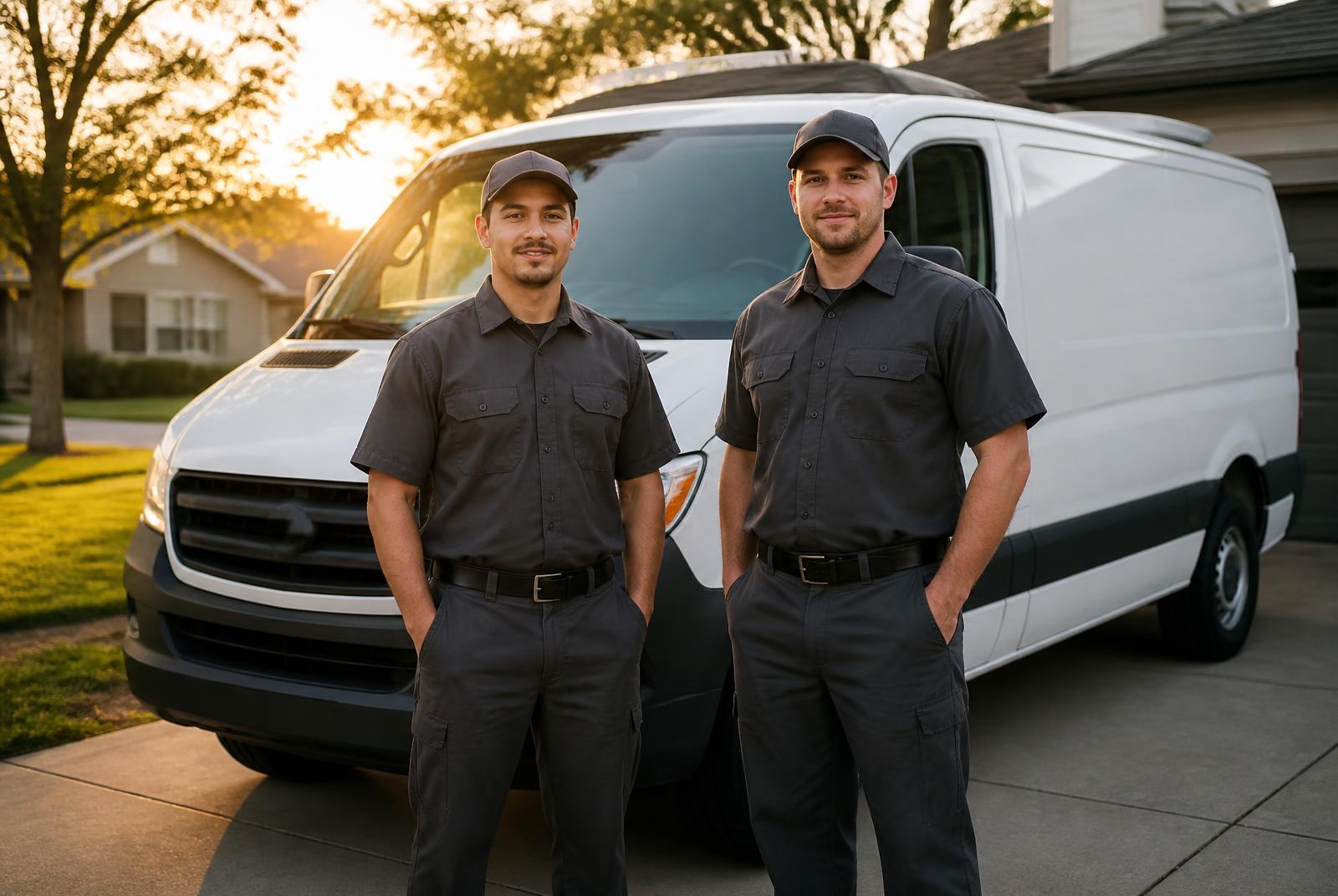 Two uniformed service technicians standing in front of a service van in a suburban driveway
