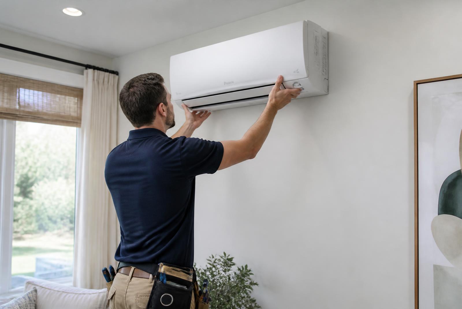 Technician installing a wall-mounted ductless mini-split head in a bright living room
