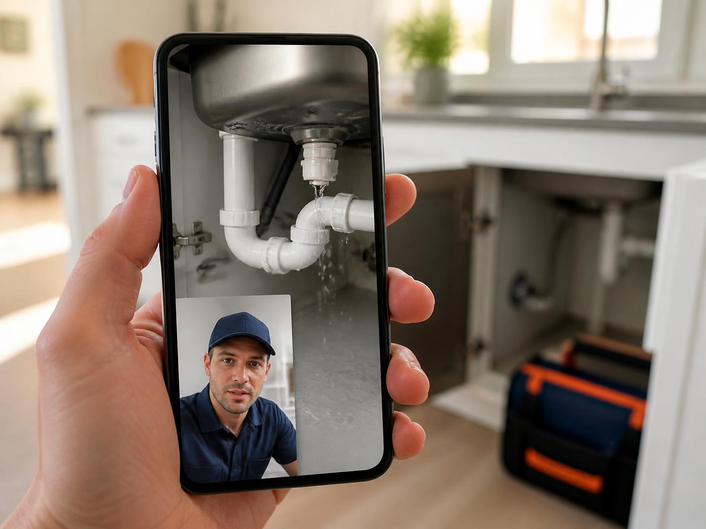 Homeowner on a live video call with a plumbing technician while showing a leaking pipe under the sink